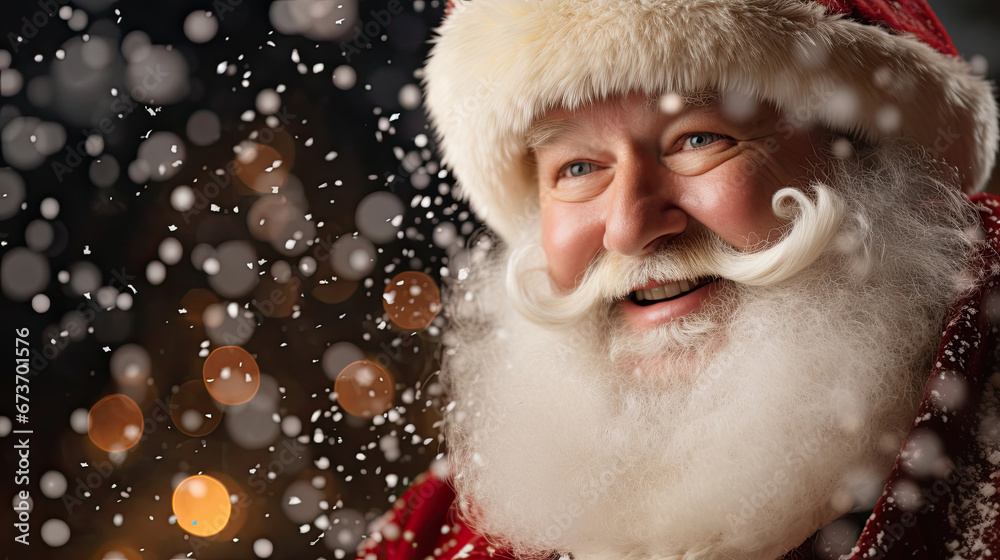Santa Claus with twinkling eyes in front of Christmas tree snowflakes falling Santa Claus with twinkling eyes in front of Christmas tree snowflakes falling