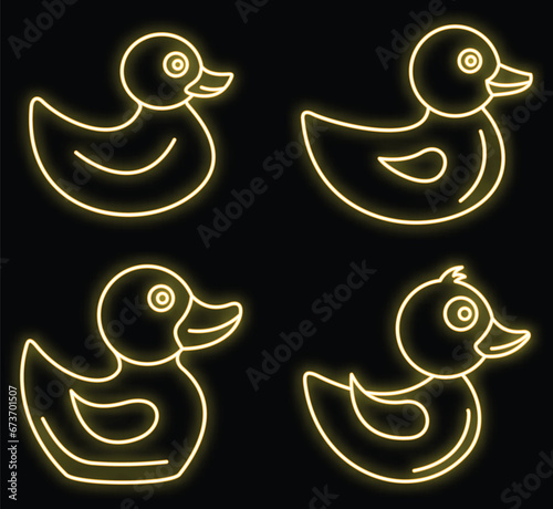 Duck icons set. Outline set of duck vector icons neon color on black