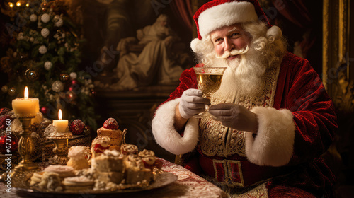 Santa Claus sips champagne feast laid out on table behind him © javier
