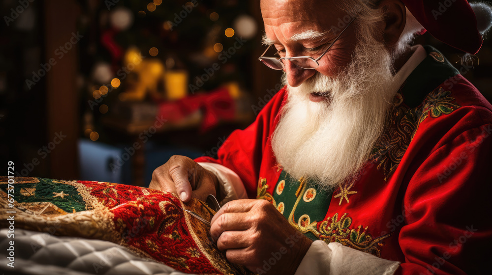 Santa trims edges of handmade stocking stitching on intricate patterns with golden thread - obrazy, fototapety, plakaty 