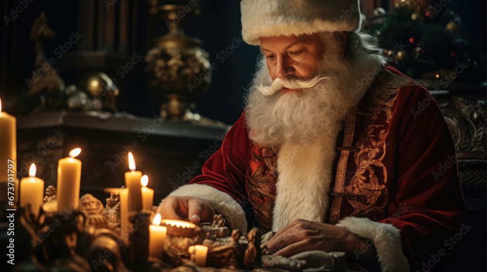 Santa delicately arranging candles on a mantle adorned with holly and pine cones
