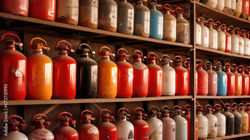 LPG Gas cylinders for home distribution kept in warehouse © Ruslan Gilmanshin
