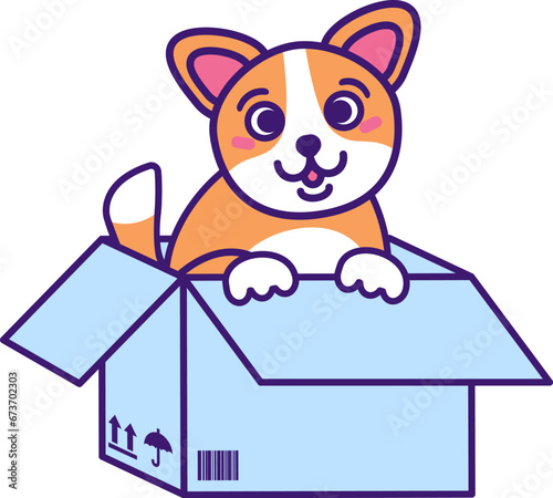Cute small adopt funny puppy sits in cardboard box and waits for owner help. Homeless dog. Pets and animals care concept. Vector cartoon illustration in thick stroke isolated on white background