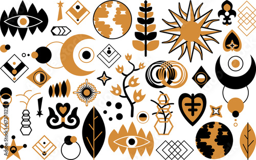Boho style sacred symbols big set. Mystic icons and mystery knowledge pictograms. Magical black and gold signs collection. Secret sacred vector elements isolated on white background for decoration