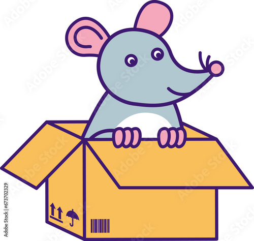 Cute small adopt gray rat sits in cardboard box and waits for owner help. Homeless mouse. Pets and animals care concept. Vector cartoon illustration in thick stroke isolated on white background