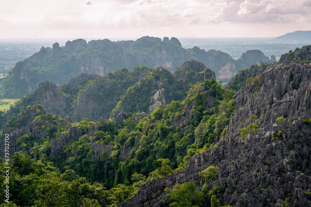 A viewpoint in top of limestone mountains over the city in Phitsanulok province, Thailand