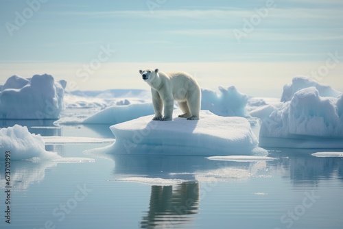 Polar bear standing on a melting snow floe during climate change. 