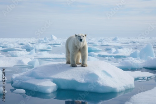 Polar bear standing on a melting snow floe during climate change. 