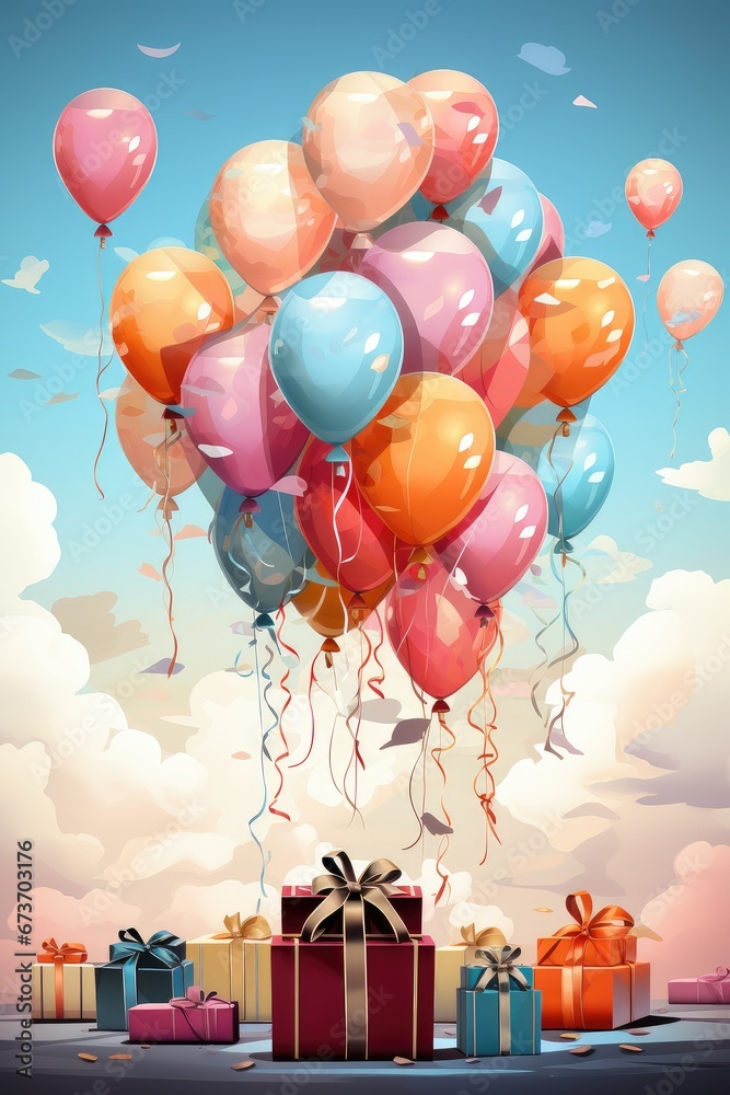The concept of a holiday or birthday. Gift boxes with flying balloons. 