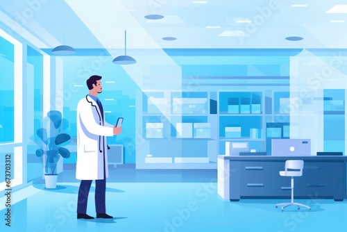 Cartoon of doctor working in hospital.