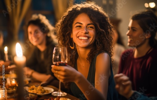 Mixed age range group of friends toasting at dinner party, focus on woman face, brazilian people drinking red wine and eating vegan food, happy family chering and toasting
