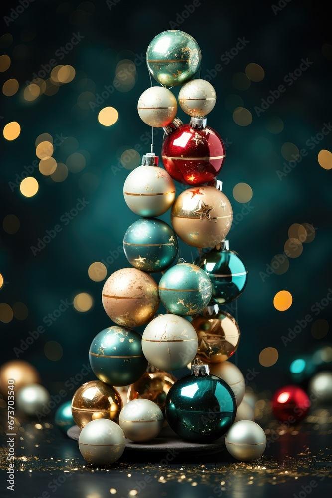 Fototapeta premium A pyramid of balancing Christmas balls. Christmas card.