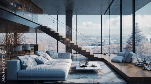 Wide modern interior living room, sofa and coffee table, glass wall with amazing view, wooden stairs and wooden floor, winter season. © Yacine