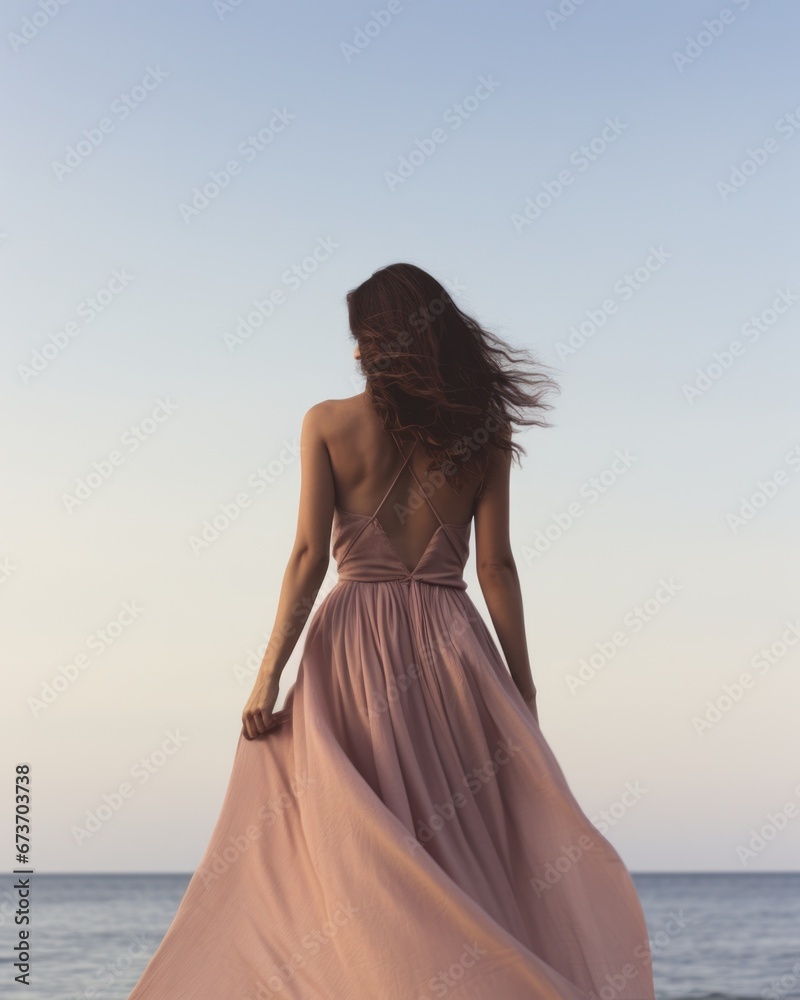 A fashion-forward lady in a flowing gown stands on the beach, her dress billowing in the ocean breeze as she gazes up at the vast sky above A fashion-forward lady in a flowing gown stands on the beach, her dress billowing in the ocean breeze as she gazes up at the vast sky above