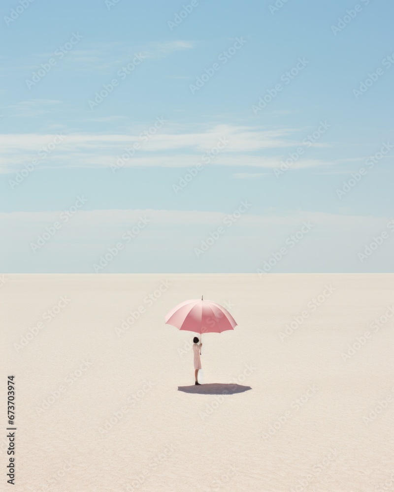 Amidst the endless sea of sand, a woman stands tall, her pink umbrella shielding her from the scorching sun as she gazes up at the cloudy sky, longing for the cool embrace of the beach and the touch 
