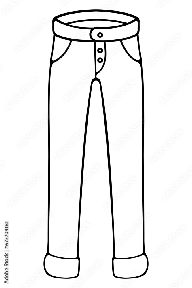 Jeans. Sketch. Women's tapered pants with a belt and pockets. Vector illustration. Doodle style. Outline on isolated background. Coloring book. Ladies' casual clothing is hemmed at the bottom Jeans. Sketch. Women's tapered pants with a belt and pockets. Vector illustration. Doodle style. Outline on isolated background. Coloring book. Ladies' casual clothing is hemmed at the bottom