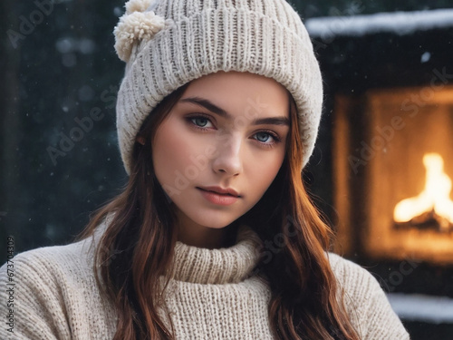 A beautiful woman with sweater and knitted beanie in room with fireplace. Generative Ai