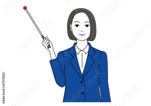 指示棒をもって笑顔のスーツ姿の女性