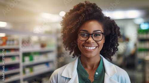 Courteous smiling black female pharmacist in white coat assists clients in pharmacy providing advice and help with medications, knowledgeable pharmacist care of customers health photo