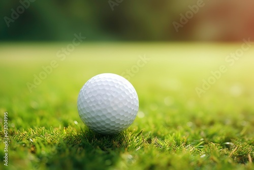 shot of a golf ball on the grass with a blurred green bokeh background