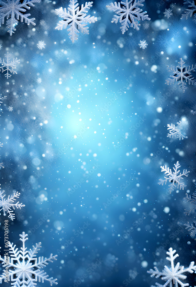 Blue sparkling Christmas and winter background with white snowflakes,