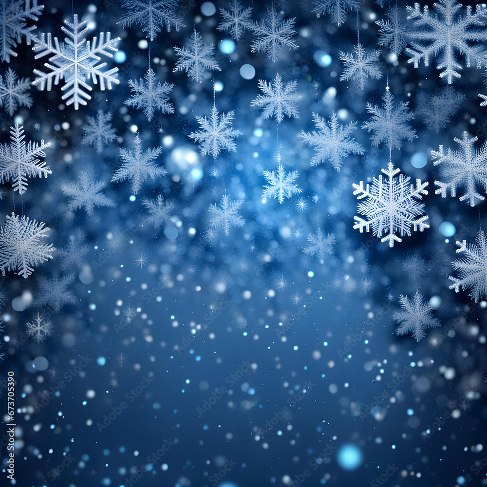 Blue sparkling Christmas and winter background with white snowflakes,