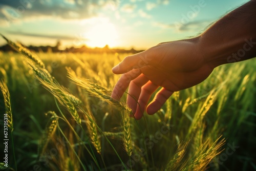 Man s hand in green grass field  male hand touching young wheat in wheat field at sunset  boy s hand in wheat field at sunset