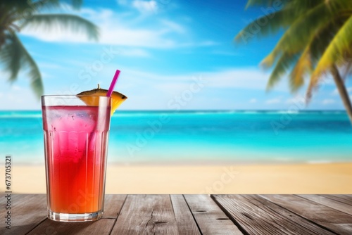 Glass of juice with multicolor wood table, tropical beach, coconut palm tree in background