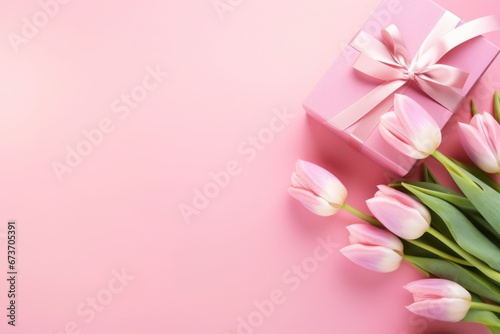 Top-down image of an elegant pink gift box with a ribbon bow and a tulip bouquet on a soft pastel pink background, providing space for your text. © Moon Story