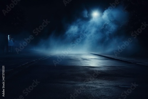 Road of rays, spotlights, empty dark scene, blue light, asphalt, dark street, smoke