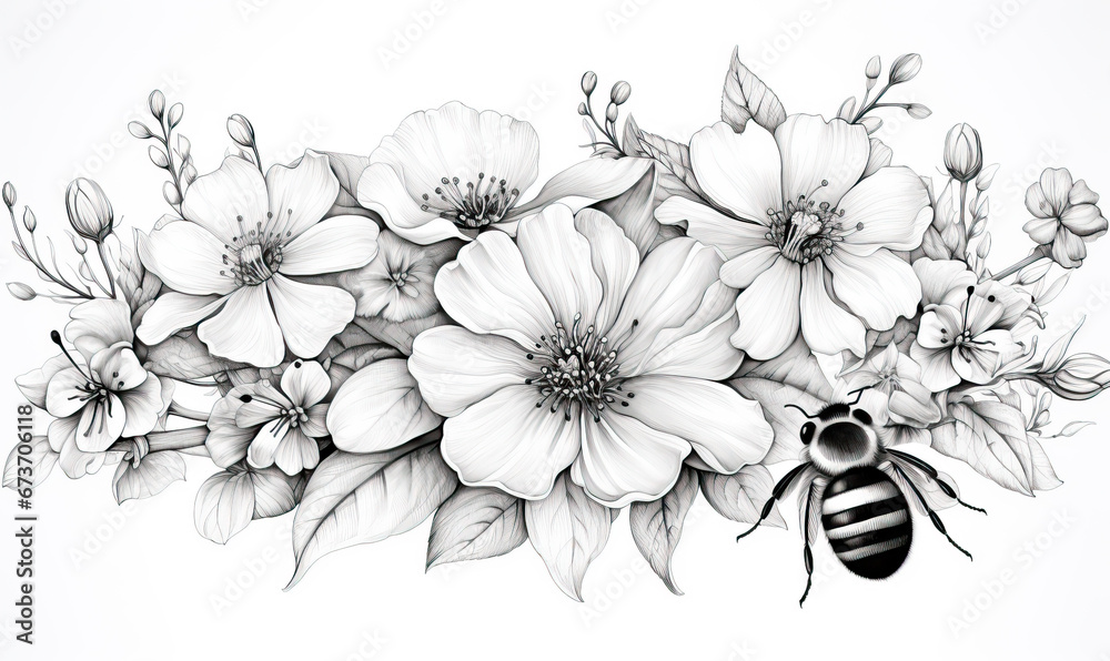 Black and white image of a bee on flowers. Black and white image of a bee on flowers.