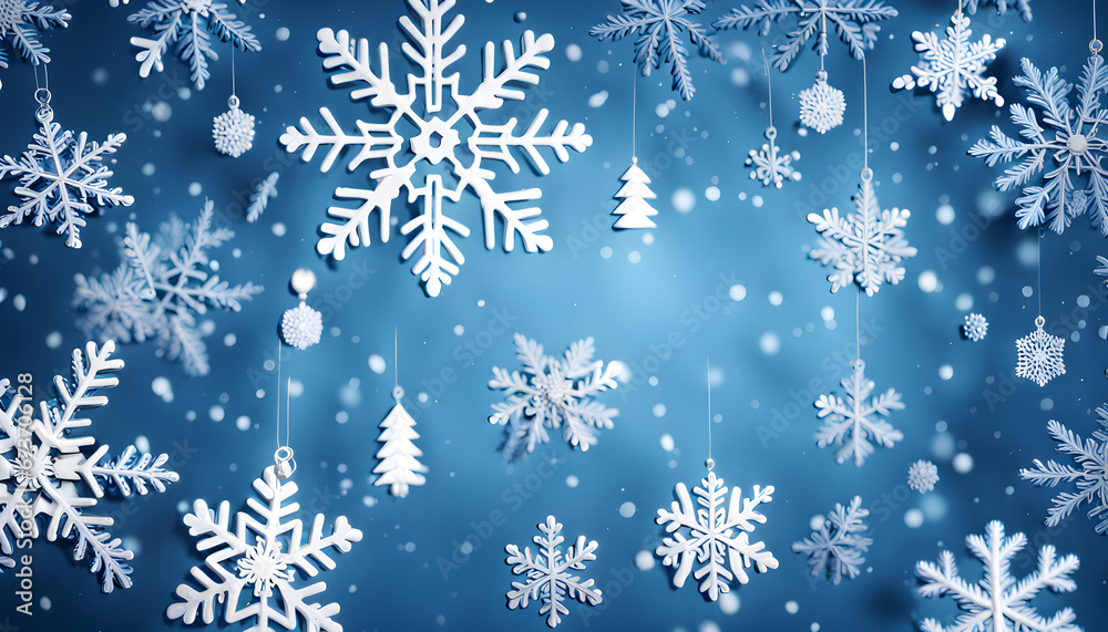Blue sparkling Christmas and winter background with white snowflakes, Blue sparkling Christmas and winter background with white snowflakes,