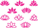 Vector pink lotus icons set on white background. Lotus flower.