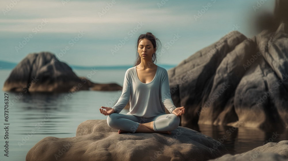 woman meditating on beach. A young woman meditating on a rock at the seashore on the beach, practicing mindfulness and focused breathing to improve her mental well-being.breath work concept.