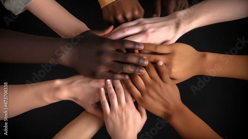 Many hands of different races and ethnicities. Team work concept.