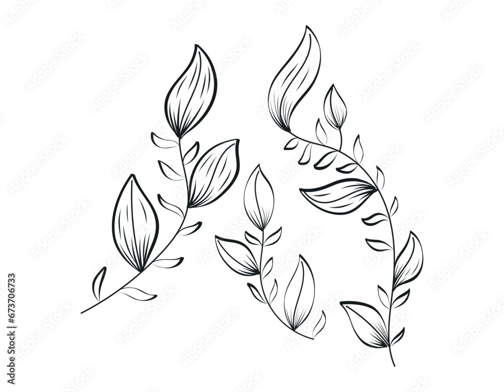Decorative black and white doodle twigs with leaves. Set of vector isolated botanical branches. Decorative black and white doodle twigs with leaves. Set of vector isolated botanical branches.