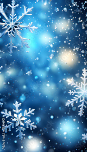 Blue sparkling Christmas and winter background with white snowflakes, © anmitsu