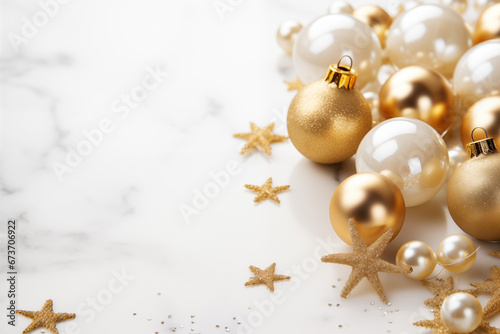 Christmas background with seasonal ornaments and presents, background with empty copyspace for text insertion