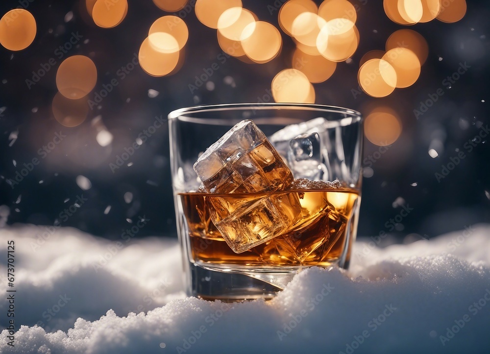 Whiskey glass with ice and bottle blurry at back, in snow
Whiskey glass with ice and bottle blurry at back, in snow