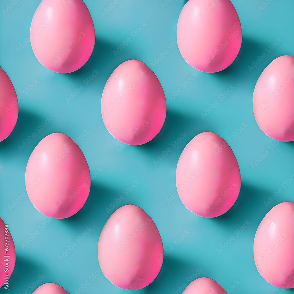 Pattern made of pink eggs on pastel blue background. Minimal food concept.