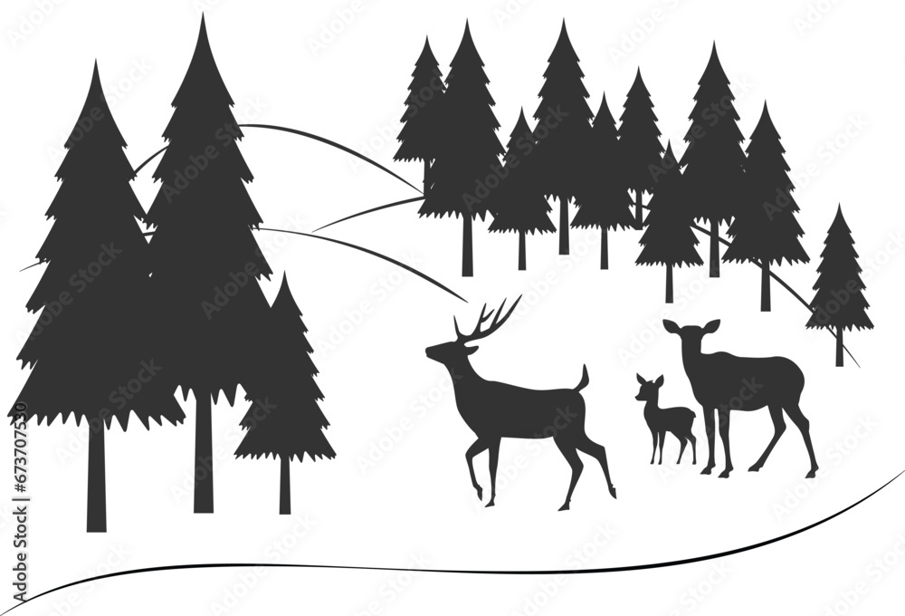 Deer family in the forest, vector illustration Deer family in the forest, vector illustration
