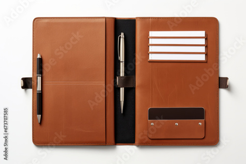 Beige open leather notebook cover with space for a pen, business cards and other things.generative ai 