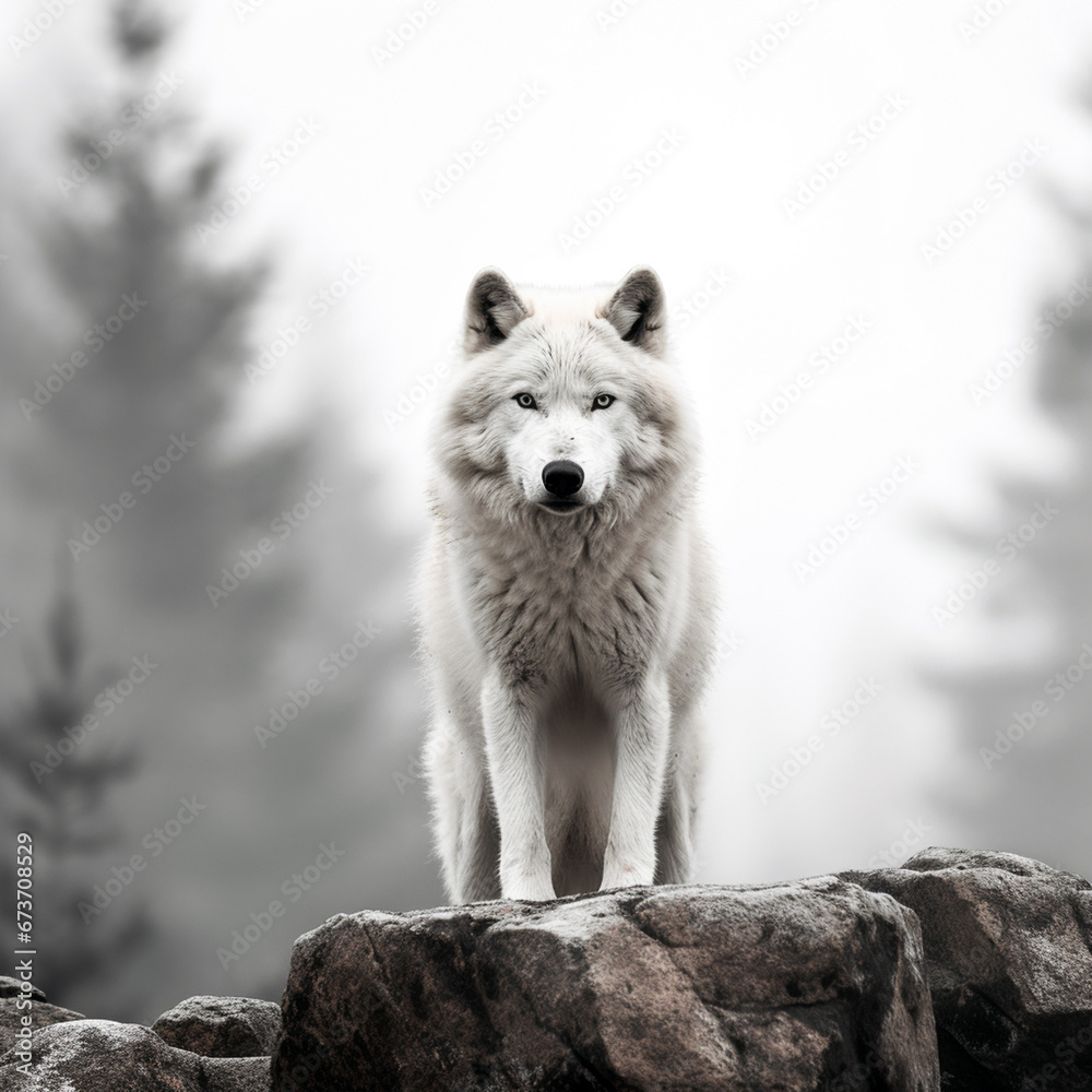 Portrait of a mountain wolf, face view, fog, forest, unusual background. Portrait of a mountain wolf, face view, fog, forest, unusual background.