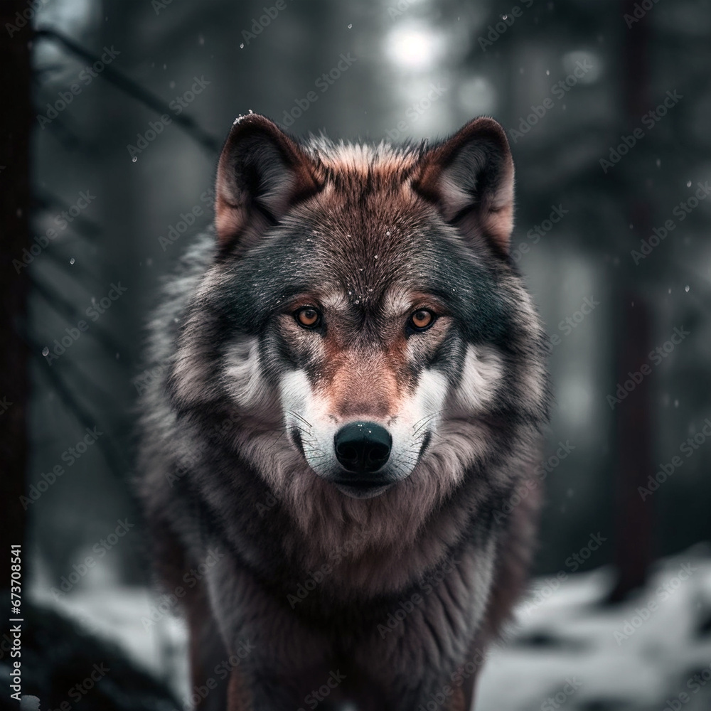 Portrait of a mountain wolf, face view, fog, forest, unusual background.