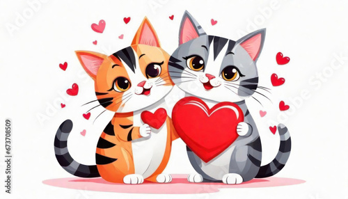 Cute romantic cats with hearts isolated on white with copy space © cobaltstock