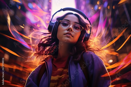 Fashionable modern girl with music headphones at a fun party dancing in neon lights. Vibrant youth culture, cyberpunk style.