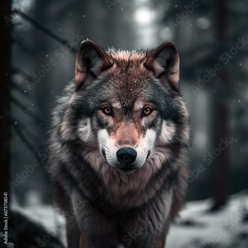 Portrait of a mountain wolf  face view  fog  forest  unusual background.