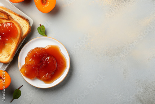 Toast with homemade apricot jam on a plate on a beautiful background, top view.copy space.generative ai photo