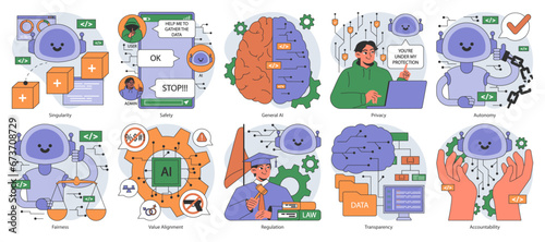 AI ethics set. Artificial intelligence alignment and regulation. Accountability, singularity and autonomy, bias types, transparency, safety and privacy. Flat vector illustration.