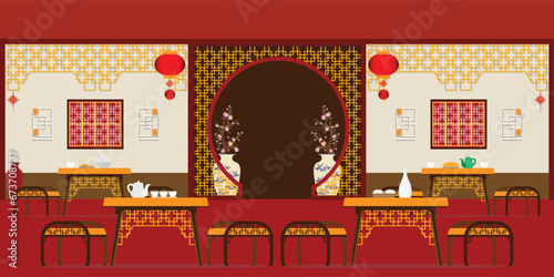 Chinese restaurant traditional interior with furniture.